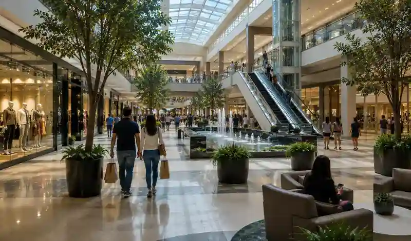 Shoppers exploring a modern Houston shopping mall with luxury stores, dining, and spacious indoor retail walkways.